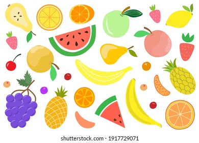 Vector set of juicy summer fruits. Illustration in style of flat, carton, hand draw. Ripe sweet fruits and berries: watermelon, pineapple, lemon, orange, cherry, pear, apple, grape, strawberry