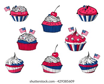 Vector set of July 4th cartoon cupcakes, american sweets