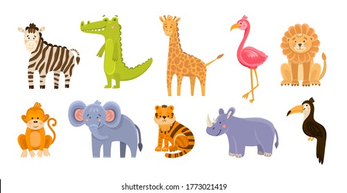 Vector set of jungle animals on bright isolated. Cute cartoon animals and birds in a flat style for children. Printing on cards, toys, design training and fun for children, playing, learning with the