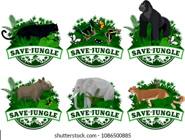 Vector set of Jungle rainforest Emblems with elephant, puma cougar, panther, gorilla, wild hog babirusa and buttrflies