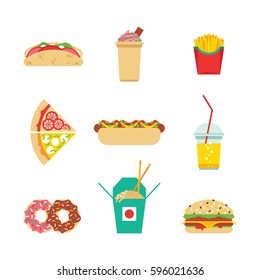 Vector set of junk food, fast food, white background isolated, drawn in a flat style