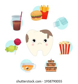 Vector set of junk food for teeth. Illustration of a cute cartoon sick tooth. Infographics with food icons.
