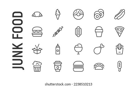 Vector set of junk food thin line icons. Design of 20 stroke pictograms. Signs of junk food isolated on a white background.