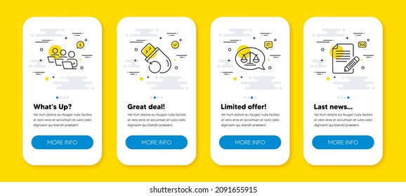 Vector set of Justice scales, Teamwork and Flash memory line icons set. UI phone app screens with line icons. Article icon. Judgement bubble, Remote work, Recovery usb. Feedback. Vector