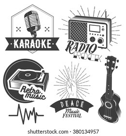 Vector set of karaoke and music labels in vintage style. Guitar, microphone, gramophone, radio receiver isolated on white background. Design elements, emblems, badges, logo and icons.