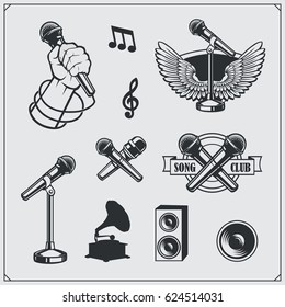 Vector set of karaoke vintage labels, badges and design elements. Karaoke Club emblems.