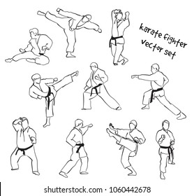 Vector set of karate fighter silhouettes. Stock handwritten illustration for design.