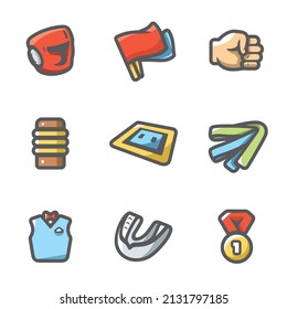 Juego de vectores de iconos de karate. Casco, Banderas, Puño, Makiwara, Tatami, Cinturón, Juez, Medalla, Banda.
