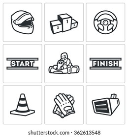 Vector Set of Karting Icons. Helmet, Pedestal, Steering wheel, Start, Kart, Driver, Finish, Delimiter, Gloves, Screen. Equipment, Award, Driving, Track, Racer, Traffic Cone, Clothing, Monitoring