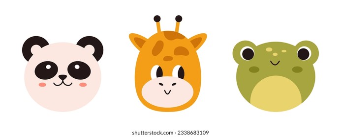 Vector set with kawaii animal faces. Design for kids. Baby frog, panda and giraffe heads. Cute childish smiling animal collection. Funny animals in flat design.