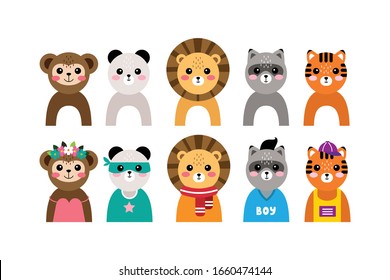Vector set of kawaii animal portraits for posters and postcards