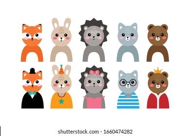 Vector set of kawaii animal portraits for posters and postcards
