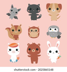 Vector set of kawaii animals. Cute cartoon bat, cat, dog, squirrel, hedgehog, owl, pony, bear and bunny.