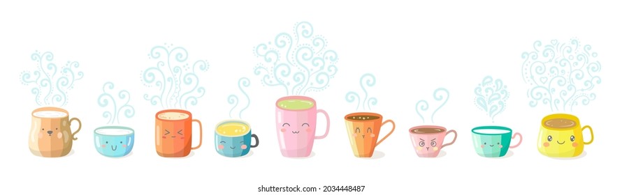 Vector set of kawaii bright colorful cute characters cups with different emotions. Mugs with tea, coffee, matcha, milk with beautiful curly swirl smoke. Collection of different modern cups.