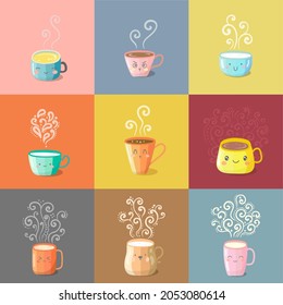 Vector set of kawaii bright colorful cute characters cups with different emotions. Mugs with tea, coffee, matcha, milk with beautiful curly swirl smoke. Collection of different modern cups.