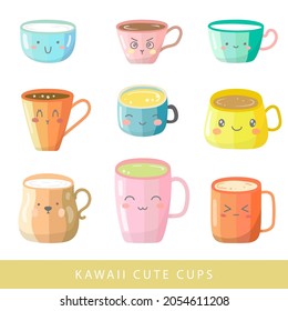 Vector set of kawaii bright colorful cute characters cups with different emotions. Mugs with tea, coffee, matcha, milk with beautiful curly swirl smoke. Collection of different modern cups.