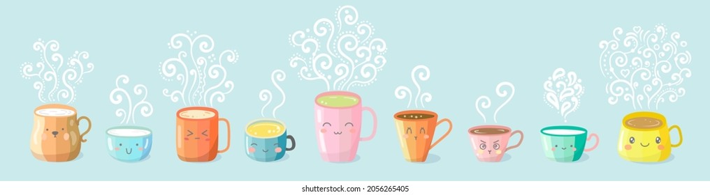 Vector set of kawaii bright colorful cute characters cups with different emotions. Mugs with tea, coffee, matcha, milk with beautiful curly swirl smoke. Collection of different modern cups.