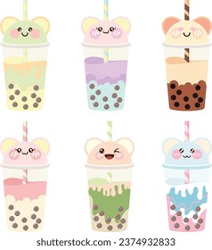 Vektorset von Kawaii Bläschenmilchteppichen Illustrationen. Kawaii Cute Boba Tees Stickers.