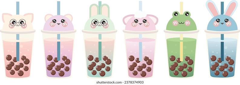 Vector set of kawaii bubble tea. Cute animal bubble tea collection. Set of kawaii bubble tea with animal faces.