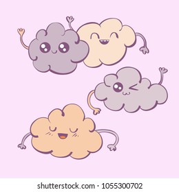 Vector set of kawaii cartoon cute comic clouds in pastel colours