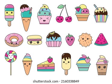Vector Set of kawaii cartoon style doodle sweety characters. Collection of emoticon face icons candy shop. isolated on white background