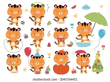Vector set of kawaii cartoon tigers characters. Cute animals with umbrella, air balloon, birthday cake, presents, Halloween pumpkin, headphones, watermelon and Christmas tree. Funny cats stickers.