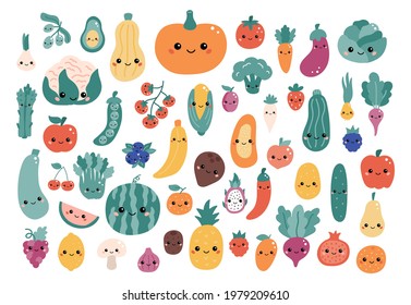 Vector set of kawaii cartoon vegetables and fruits with funny faces. Hand drawn doodle food character for children. Flat style illustration.