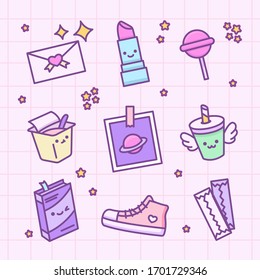 Vector set of kawaii collections icons, patches or stickers in 80s, 90s style. Cute doodle such as gum, love letter, pomade, gumshoes, picture with planet, lollipop, book, yogurt, drink in cup