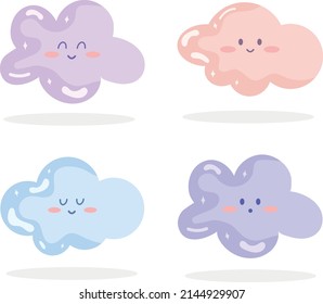 Vector Set of kawaii colorful clouds icons. Anime character of weather.