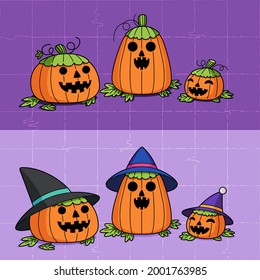 Vector set of kawaii cute halloween pumpkin illustration design doodle cartoon element, witch hats autumn leaves, seamless grid pattern background wallpaper, printable sticker card poster, flat color