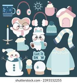 Vector set of kawaii cute winter clipart elements. Kawaii winter bunny.
