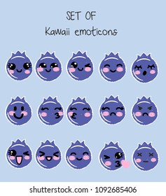 Vector set of kawaii emoticons, cute blueberry with faces with different emotions, smiley, drawn in childlike manga anime style, collection of simple emoticon emoji