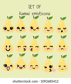 Vector set of kawaii emoticons, cute pear with faces with different emotions, smiley, drawn in childlike manga anime style, collection of simple emoticon emoji