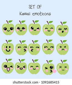 Vector set of kawaii emoticons, cute apple with faces with different emotions, smiley, drawn in childlike manga anime style, collection of simple emoticon emoji