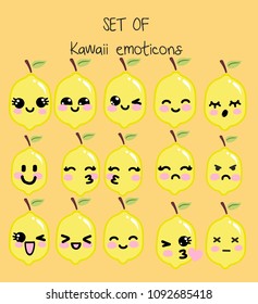 Vector set of kawaii emoticons, cute lemon with faces with different emotions, smiley, drawn in childlike manga anime style, collection of simple emoticon emoji