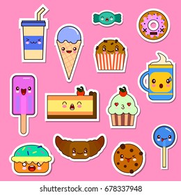 Vector set of Kawaii food characters. sweets and candies emoticon stickers Illustration.