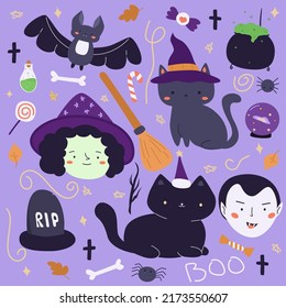 Vector set of kawaii Halloween design elements . Halloween holiday cute element set. Perfect for party invitation, greeting card, flyer, banner, poster. Stock vector illustration.