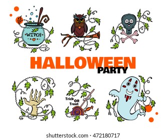 Vector set of kawaii Halloween icons, stickers, web elements, cards and notes. Skull, crossbones, witch cauldron, owl, severed hand, trick or treat lolly pop, ghost, ivy. Festive colors