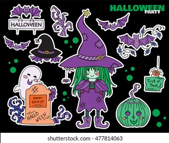 Vector set of kawaii Halloween icons, stickers, web elements. Swamp Witch with green hair, pumpkin head, bats, spider, ghost on gravestone and scary branches. Black, white, purple, lilac colors