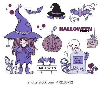 Vector set of kawaii Halloween illustration in childish doodle style, isolated on white background. Witch with hat, pumpkin head, bats, spider, ghost on gravestone and scary branches. Shades of lilac
