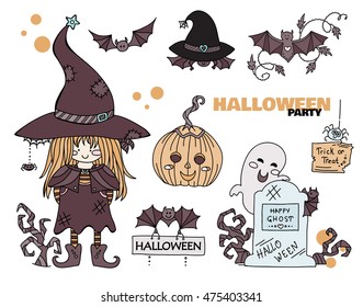 Vector set of kawaii Halloween illustration in childish doodle style, isolated on white background.