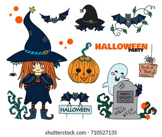 Vector set of kawaii Halloween illustration in childish doodle style, isolated on white background. Witch with hat, pumpkin head, bats, spider, ghost on gravestone and scary branches