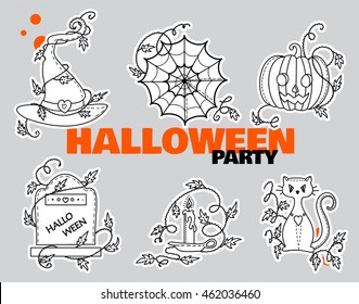 Vector set of kawaii Halloween stickers in doodle, sketch style. Witches hat, spiderweb, pumpkin head, gravestone, candlestick, candle, magic cat and wave ivy. Element for diary, notes, templates