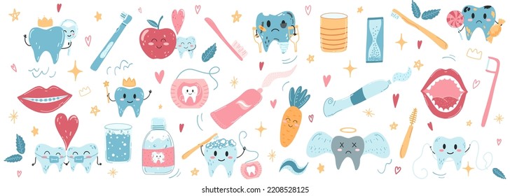 Vector set of kawaii teeth, toothbrushes, toothpaste and dental floss. Teeth with different emoji. Cute cartoon characters. Dental care concept.