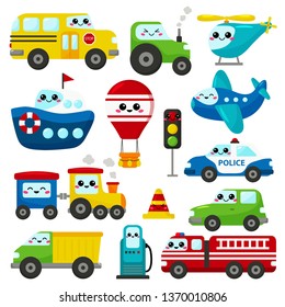 Vector set of kawaii transportation. Cute cartoon cars, plane, helicopter, ship, train and hot air balloon. Gas station, traffic light and road cone with face.