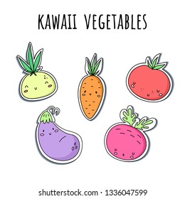 Vector set with kawaii vegetables. Stickers. Onions, carrots, tomato eggplant beets eps 10