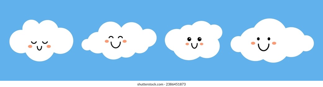 Vector set of kawaii white clouds with faces on blue background. Cute funny kids cloud collection in flat design. Childish elements.