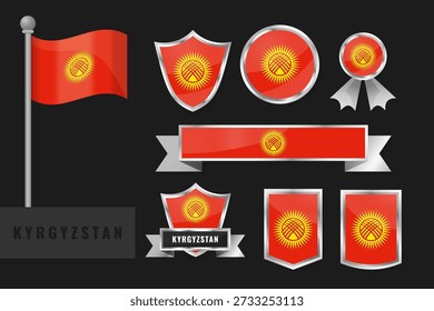 Vector set of Kazakhstan national flags and emblems. Includes waving flag, shields, badges, ribbons, banners with turquoise field, golden sun, soaring eagle, ornamental patterns and eagle motifs.