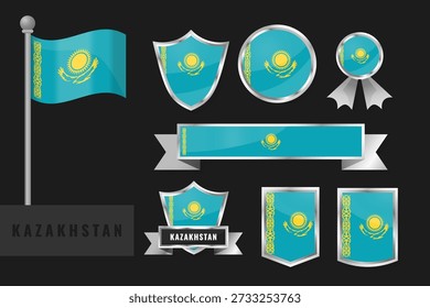 Vector set of Kazakhstan national flags and emblems. Includes waving flag, shields, badges, ribbons, banners with turquoise field, golden sun, soaring eagle, ornamental patterns and eagle motifs.