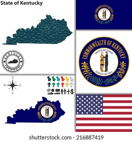 Vector set of Kentucky state with flag and icons on white background